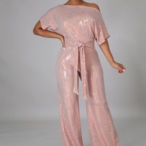Rose Gold wide leg off shoulder jumpsuit with tie in front